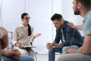 a group comforts someone in a drug addiction treatment program