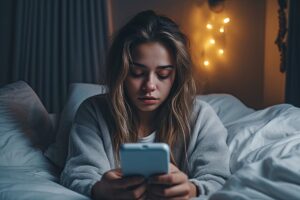 a young person uses their phone in bed to research "what are synthetic drugs?"